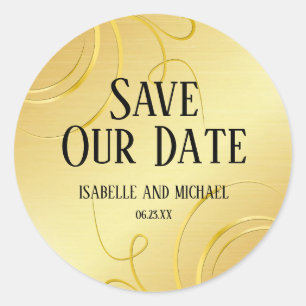 Elegant Personalised Gold Flourish Save the Date Classic Round Sticker