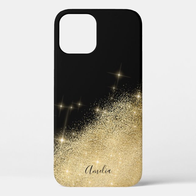 Elegant personalised gold glitter black Case-Mate iPhone case (Back)