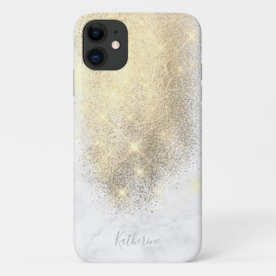 Elegant personalised gold glitter white marble iPhone 11 case