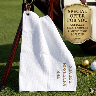Elegant Personalised Gold Typography Custom White Golf Towel