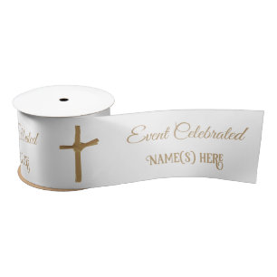 Elegant Personalised Golden Palm Cross Baptismal Satin Ribbon