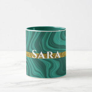 elegant personalised green agate gold glitter mug