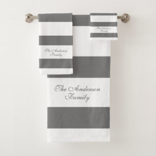 Elegant Personalised Grey and White Stripes Bath Towel Set