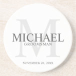 Elegant Personalised Groomsmen Coaster<br><div class="desc">Add a personal touch to your wedding with personalised groomsmen coaster.
This coaster features personalised groomsman's name with title and wedding date in grey and monogram in light grey as background,  in classic serif font style.

Also perfect for best man,  father of the bride,  ring bearer and more.</div>