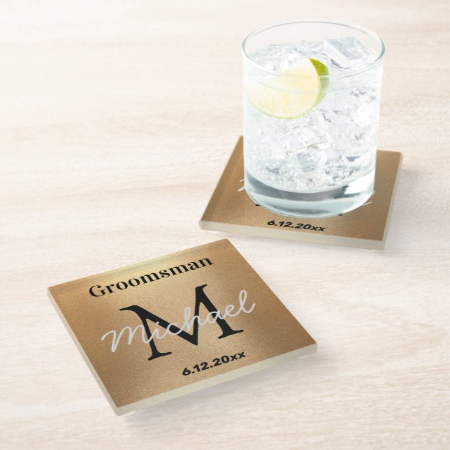 elegant personalised groomsmen gold luxury wedding glass coaster (Angled)