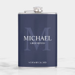 Elegant Personalised Groomsmen Monogram and Name Hip Flask<br><div class="desc">Add a personal touch to your wedding with personalised groomsmen flask. This flask features personalised groomsman's name with title and wedding date in white and monogram in light navy blue as background, in classic serif font style, on navy blue background. Also perfect for best man, father of the bride and...</div>