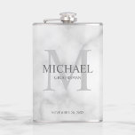 Elegant Personalised Groomsmen Monogram and Name Hip Flask<br><div class="desc">Add a personal touch to your wedding with personalised groomsmen flask. This flask features personalised groomsman's name with title and wedding date in grey and monogram in light grey as background, in classic serif font style, on white marble background. Also perfect for best man, father of the bride and more....</div>