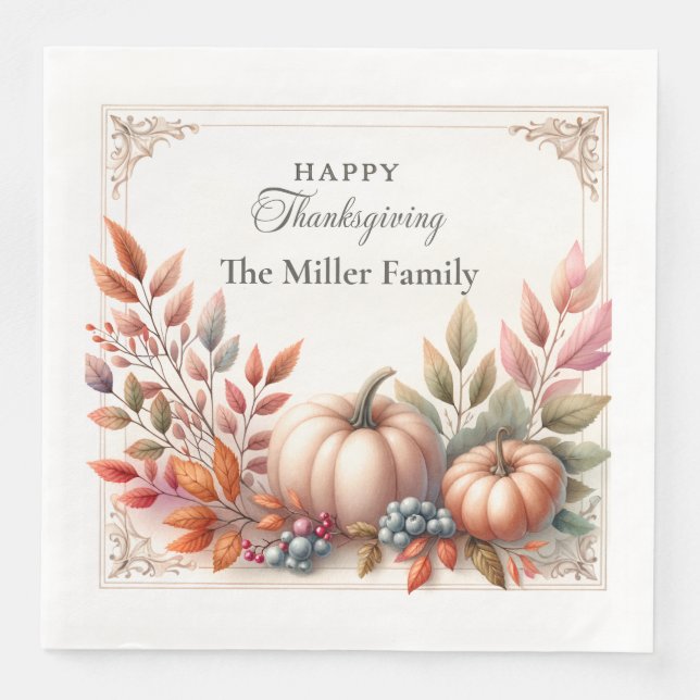 Elegant Personalised, Happy Thanksgiving Pumpkins Napkin (Front)