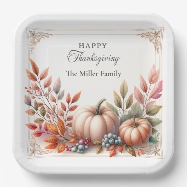 Elegant Personalised, Happy Thanksgiving Pumpkins Paper Plate (Front)