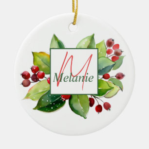 Elegant Personalised Holiday Botanical Red Berries Ceramic Ornament