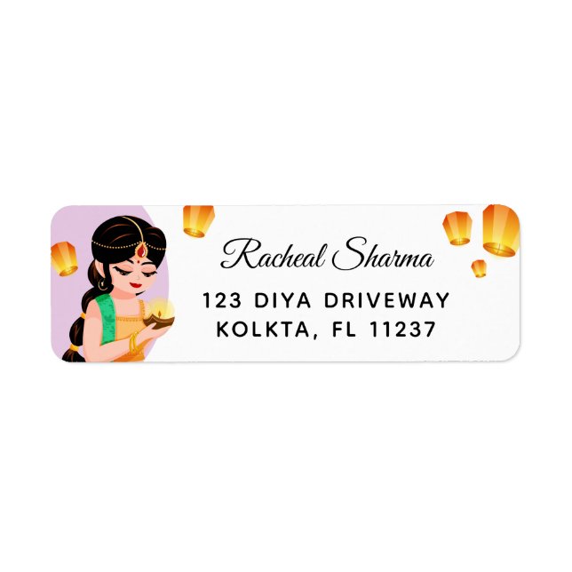 Elegant Personalised Indian Girl Diwali Return Address Label (Front)