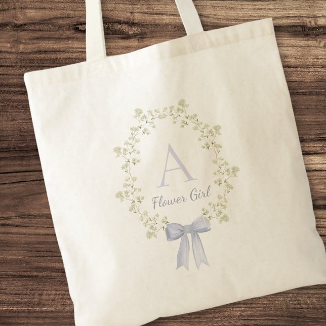 Elegant Personalised Initial Cute Bow Flower Girl Tote Bag (Cute flower girl tote bag with her initial and a dusty blue bow)