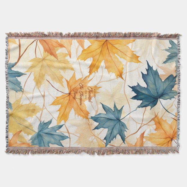 Elegant Personalised Maple Leaves Thanksgiving Throw Blanket (Front)
