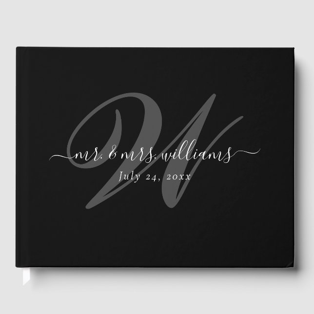 Elegant Personalised Modern Black Monogram Wedding Guest Book (Front)