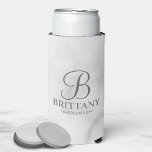 Elegant Personalised Monogram Bridesmaid Seltzer C Seltzer Can Cooler<br><div class="desc">Elegant Black and White Personalised Bridesmaid Gifts featuring personalised monogram in grey elegant script font style with bridesmaid's name and title in classic serif font style on white marble background. Also perfect for groomsmen, best man, father of the bride, maid of honour, flower girl, mother of the bride and more....</div>