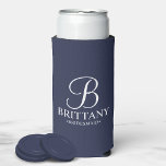 Elegant Personalised Monogram Bridesmaid Seltzer Can Cooler<br><div class="desc">Elegant Black and White Personalised Bridesmaid Gifts featuring personalised monogram in white elegant script font style with bridesmaid's name and title in classic serif font style on navy blue background. Also perfect for groomsmen, best man, father of the bride, maid of honour, flower girl, mother of the bride and more....</div>