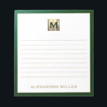 Elegant Personalised Monogram Lined Notepad<br><div class="desc">Stay organised in style with this personalised monogrammed notepad featuring a sophisticated emerald green and gold monogram design. The lined pages provide ample space for jotting down notes, to-do lists, and more, while the elegant design adds a touch of luxury to your everyday life. Perfect for personal use or as...</div>
