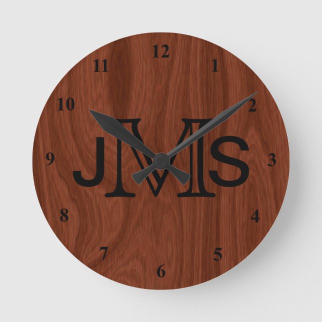Elegant Personalised Monogram | Mahogany Wood Look Round Clock (Front)