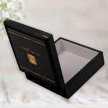 Elegant personalised monogram name script black gift box<br><div class="desc">Luxury exclusive looking monogrammed stylish personalised jewellery keepsake box featuring a faux gold copper metallic glitter square and lines over a stylish classy black leather look background.           Personalise it with your name and monogram initials.</div>
