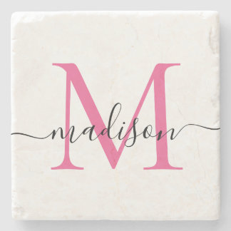 Elegant Personalised Monogram Script Magenta Pink Stone Coaster