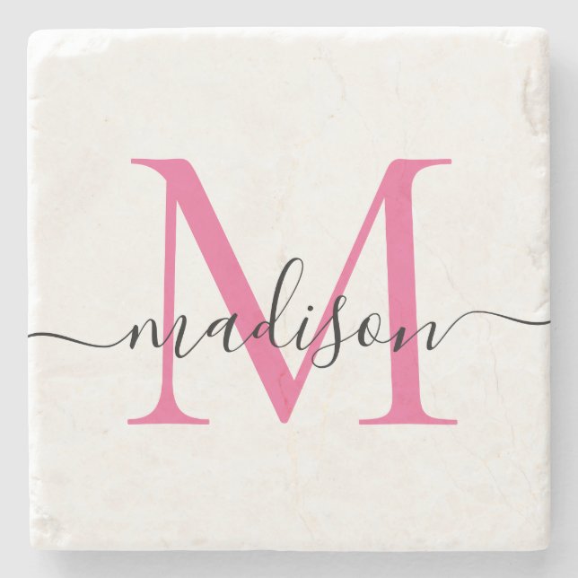 Elegant Personalised Monogram Script Magenta Pink Stone Coaster (Front)