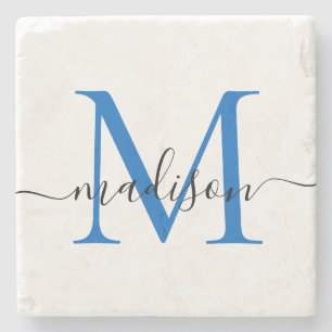 Elegant Personalised Monogram Script Navy Blue Stone Coaster