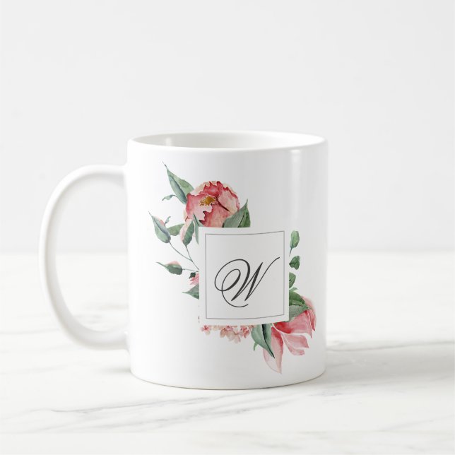 Elegant Personalised Monogram with Pink Roses Coffee Mug (Left)