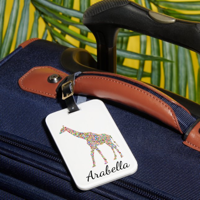Elegant personalised Multi coloured Giraffe Luggage Tag (Front Insitu 1)