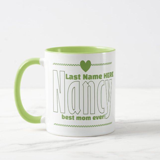 Elegant Personalised "Nancy" Name, Green Heart Art Mug (Left)