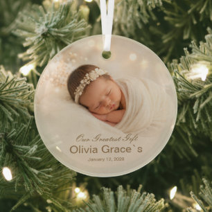 Elegant Personalised Newborn Baby Photo Keepsake Glass Tree Decoration