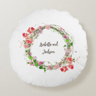 elegant personalised newlyweds couple name floral  round cushion