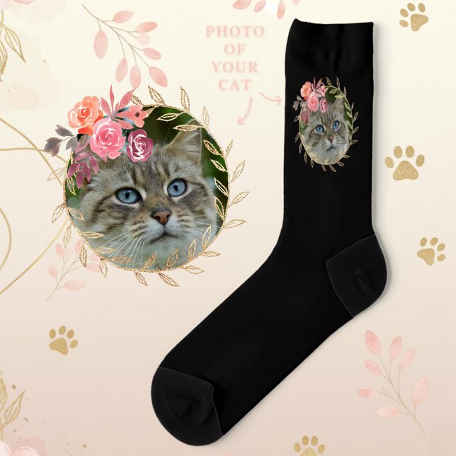 Elegant Personalised Pet Photo Black Socks (Custom pet photo socks for cat lovers.)