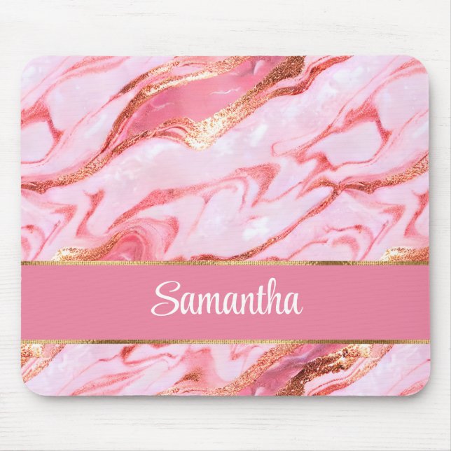 Elegant Personalised Pink and Gold Foil Marble Mouse Pad (Front)