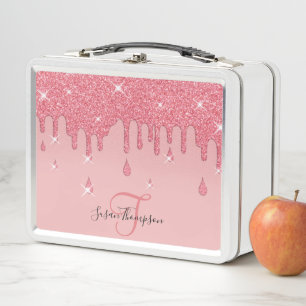 Elegant Personalised Pink Glitter Effect Sparkles Metal Lunch Box