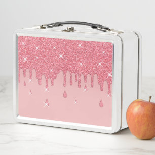 Elegant Personalised Pink Glitter Effect Sparkles Metal Lunch Box