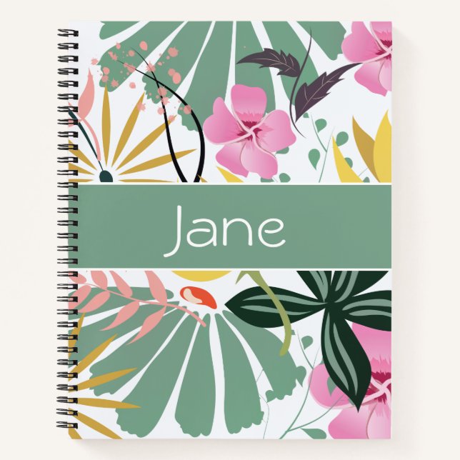 Elegant Personalised Pink Green Floral Notebook (Front)