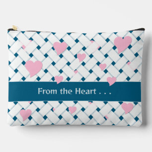 Elegant Personalised Pink Hearts, Ocean Blue Weave Accessory Pouch