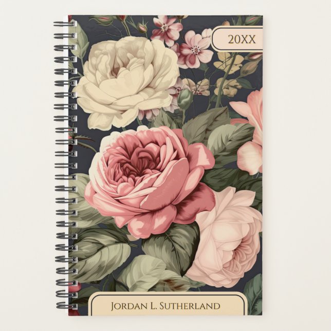 Elegant Personalised Pink & Ivory Dark Floral Planner (Front)