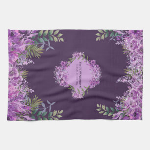 Elegant Personalised Purple and Aubergine Floral Tea Towel