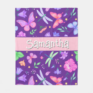 Elegant personalised purple butterfly dragonfly fleece blanket