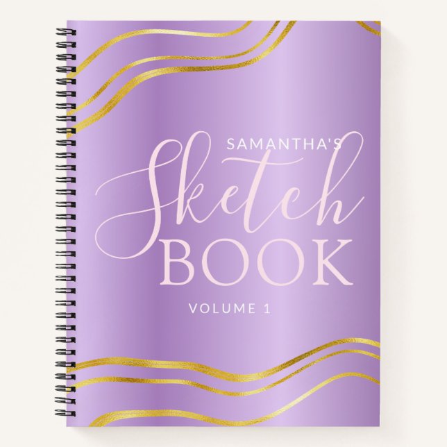 Elegant Personalised Purple Gold Girly Sketchbook Notebook (Front)