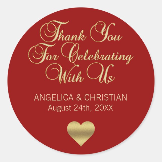Elegant Personalised RED Gold Thank you Wedding Classic Round Sticker (Front)