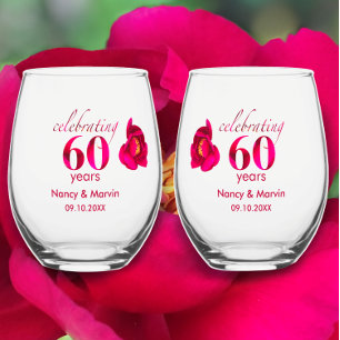 Elegant Personalised Rose 60th Anniversary Gift Stemless Wine Glass