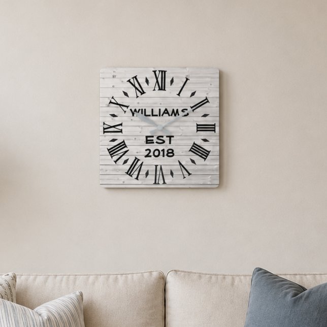 Elegant Personalised Rustic White Wood Square Wall Clock (Creator Uploaded)