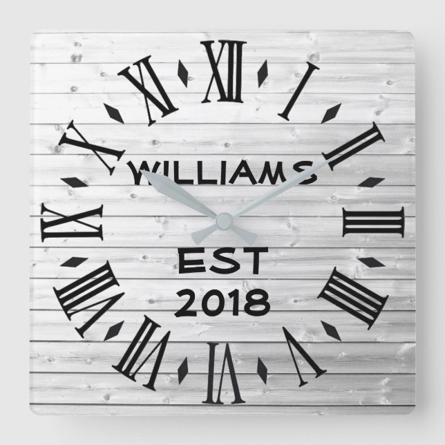 Elegant Personalised Rustic White Wood Square Wall Clock (Front)
