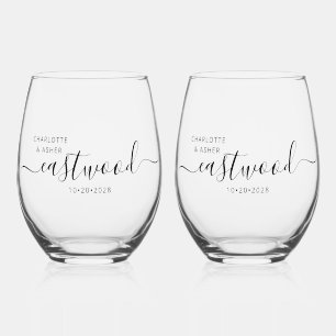 Elegant Personalised Script Couple Name Wedding Stemless Wine Glass
