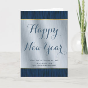 Elegant Personalised Silver and Blue Wood New Year Holiday Card