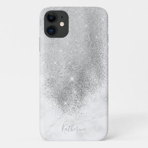 Elegant personalised silver glitter white marble iPhone 11 case