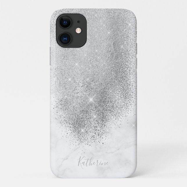 Elegant personalised silver glitter white marble Case-Mate iPhone case (Back)