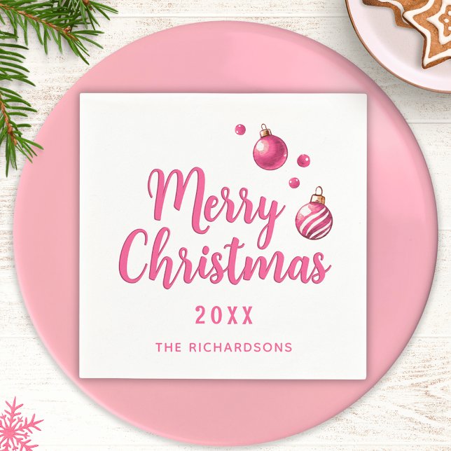 Elegant Personalised Simple Pink Merry Christmas Napkin (Creator Uploaded)